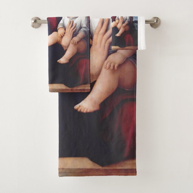 Virgin Mary with Baby Jesus and red cherubs Bath Towel Set (Insitu)