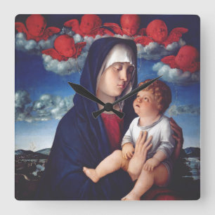 Virgin Mary with Baby Jesus and red cherubs Square Wall Clock