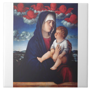 Virgin Mary with Baby Jesus and red cherubs Tile