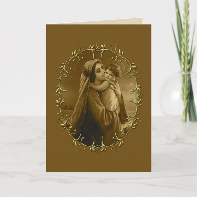 Virgin Mary with Child Jesus, Gold Border Design Holiday Card (Front)