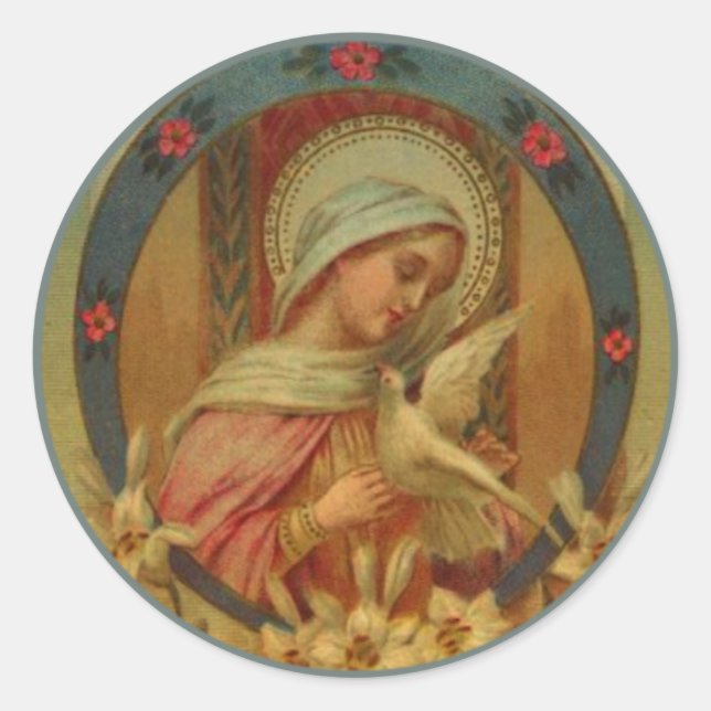 Virgin Mary with doves, lily & roses Classic Round Sticker (Front)
