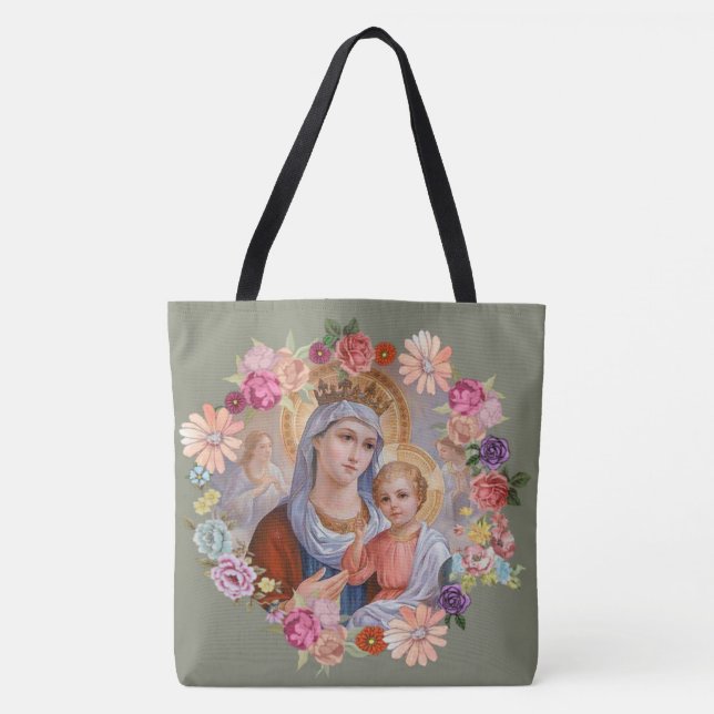 Virgin Mother Mary Baby Jesus Floral Angels Crown Tote Bag (Front)