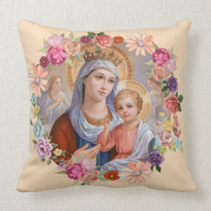 Virgin Mother Mary Baby Jesus Floral wreath Crown Throw Pillow