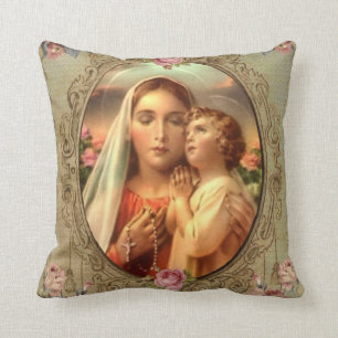 Virgin Mother Mary Baby Jesus Gold Rosary Roses Throw Pillow