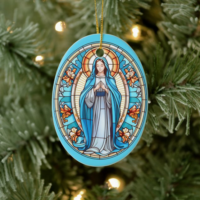 Virgin Mother Mary in Blue Stained Glass Christmas Ceramic Ornament (Tree)