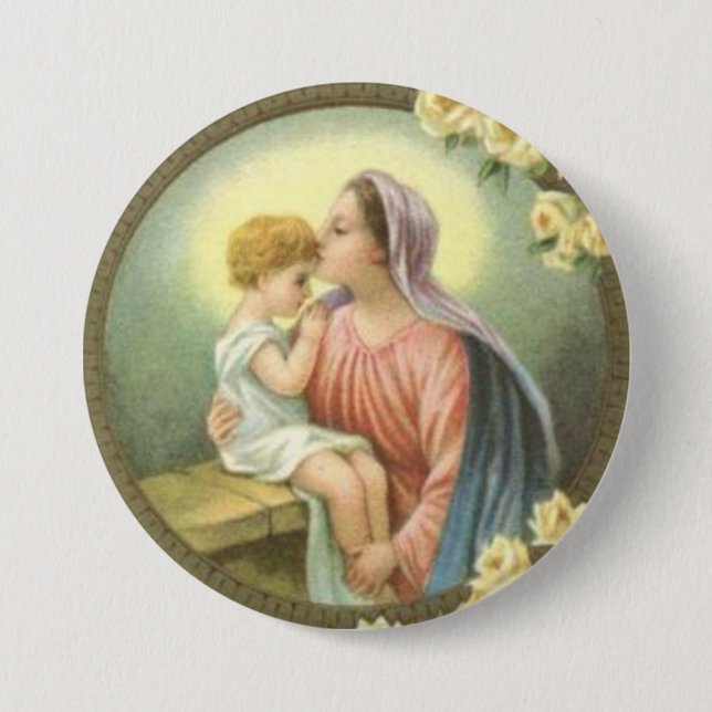 Virgin Mother Mary kissing the Baby Jesus Roses 3 Inch Round Button (Front)