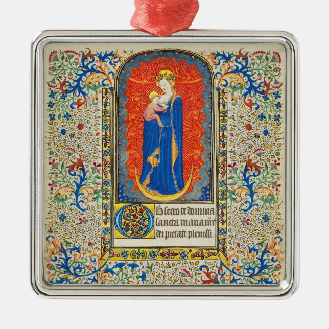 VIRGIN WITH CHILD AND ANGELS Antique Floral Swirls Metal Ornament (Front)