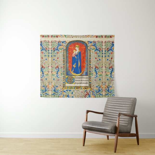VIRGIN WITH CHILD AND ANGELS Antique Floral Swirls Tapestry (In Situ (Horizontal))