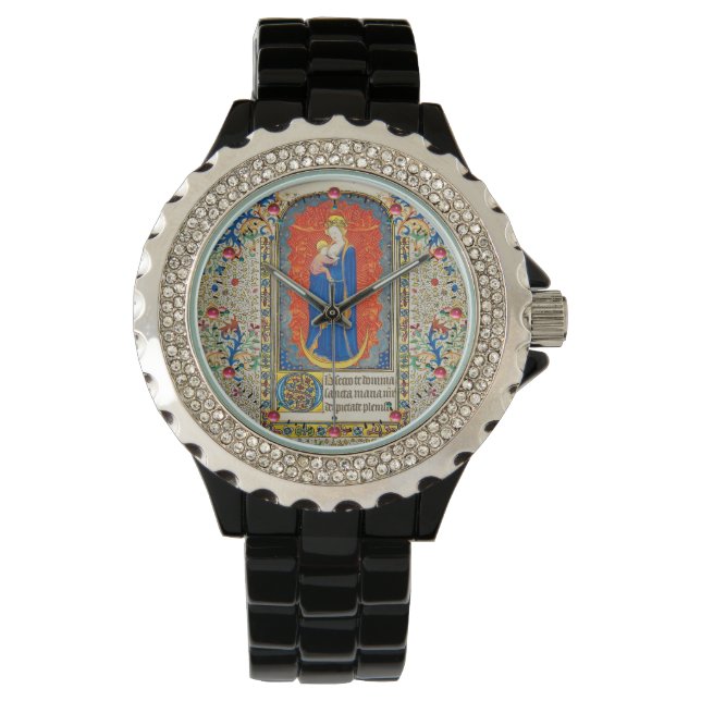VIRGIN WITH CHILD AND ANGELS Antique Floral Swirls Watch (Front)