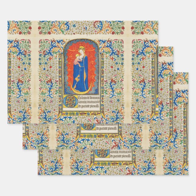 VIRGIN WITH CHILD AND ANGELS Antique Floral Swirls Wrapping Paper Sheet (Set)