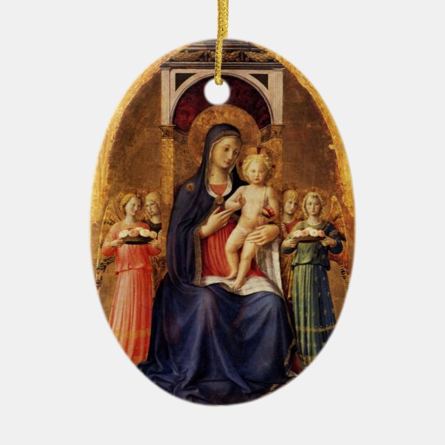 VIRGIN WITH CHILD AND ANGELS ,Blue Sapphire Ceramic Ornament (Front)