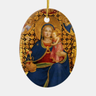 VIRGIN WITH CHILD AND ANGELS ,Blue Sapphire Gem Ceramic Ornament