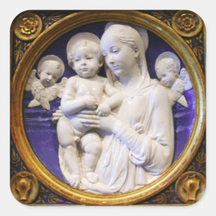 VIRGIN WITH CHILD AND ANGELS Blue White Christmas Square Sticker