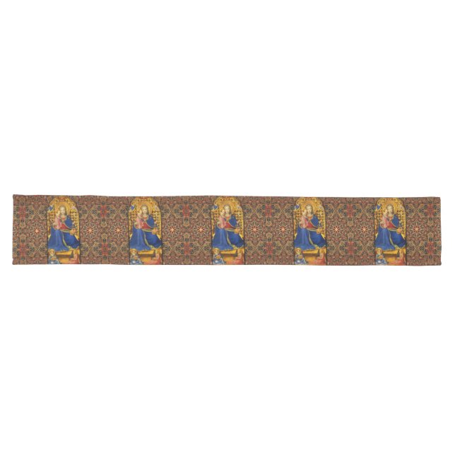 VIRGIN WITH CHILD AND ANGELS, Red Blue Gold Xmas Long Table Runner (Horizontal)