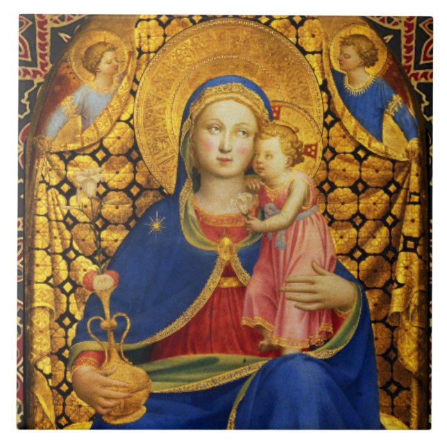 VIRGIN WITH CHILD AND ANGELS, Red Blue Gold Xmas Tile (Front)