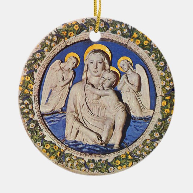 VIRGIN WITH CHILD AND ANGELS  Round Blue Sapphire Ceramic Ornament (Front)