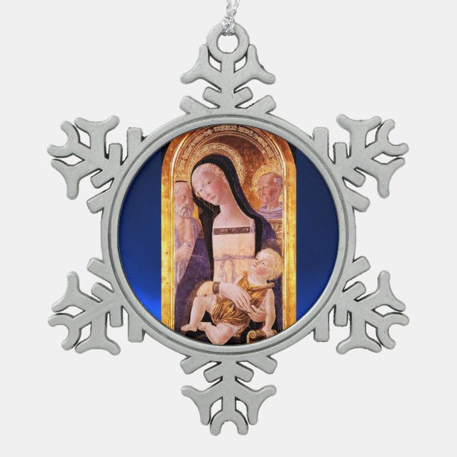 VIRGIN WITH CHILD AND SAINTS, Blue Sapphire Snowflake Pewter Christmas Ornament (Front)