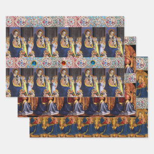 VIRGIN WITH CHILD,ANGELS AND SAINTS ,RED BLUE GEMS WRAPPING PAPER SHEET