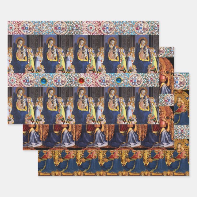 VIRGIN WITH CHILD,ANGELS AND SAINTS ,RED BLUE GEMS WRAPPING PAPER SHEET (Set)