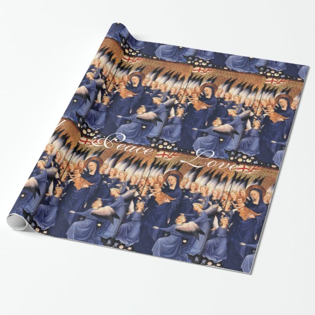 VIRGIN WITH CHILD,ANGELS, CHRISTMAS JOY PEACE LOVE WRAPPING PAPER (Unrolled)