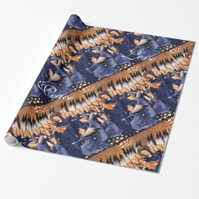 VIRGIN WITH CHILD,ANGELS, CHRISTMAS JOY PEACE LOVE WRAPPING PAPER (Unrolled)