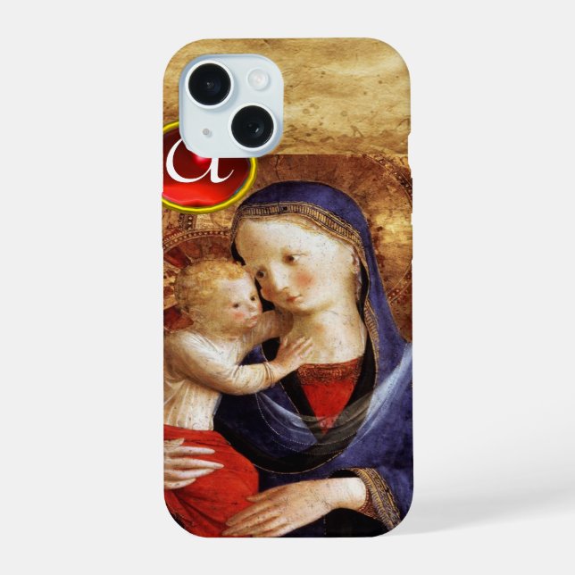 VIRGIN WITH CHILD  Red Ruby Monogram iPhone 15 Case (Back)