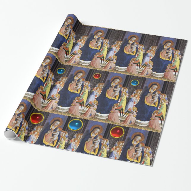 VIRGIN WITH CHILD,SAINTS, ANGELS ,RED BLUE GEMS WRAPPING PAPER (Unrolled)