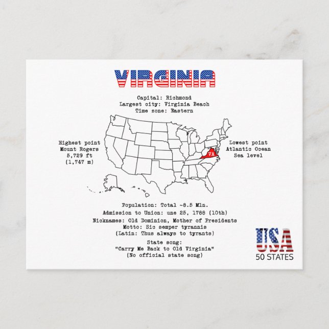 Virginia American state on a map and useful info Holiday Postcard (Front)