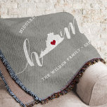 Virginia Home State Personalized Throw Blanket<br><div class="desc">Show some home state pride with this cute rustic grey throw blanket featuring "home" in white calligraphy script lettering with a silhouette map of the state of Virginia standing in for the letter "O." A red heart illustration inside the state map completes the design; you can change the position of...</div>