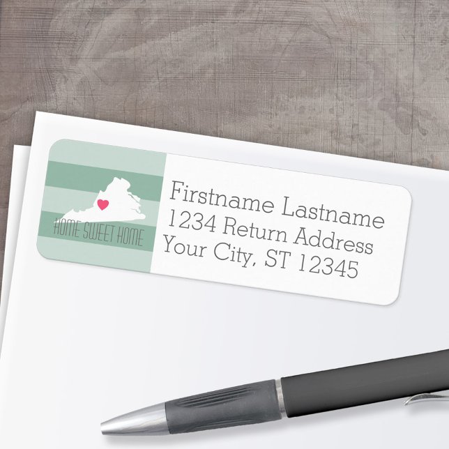 Virginia Map Home State Love with Custom Heart (Personalized Mailing Label with Return Address and State Map - Low Minimum)