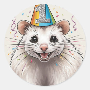 Virginia Opossum wearing birthday hat Classic Round Sticker