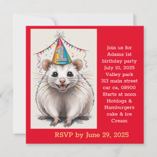 Virginia Opossum wearing birthday hat Invitation