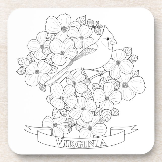 Virginia State Bird and Flower Colouring Page Coaster (Front)