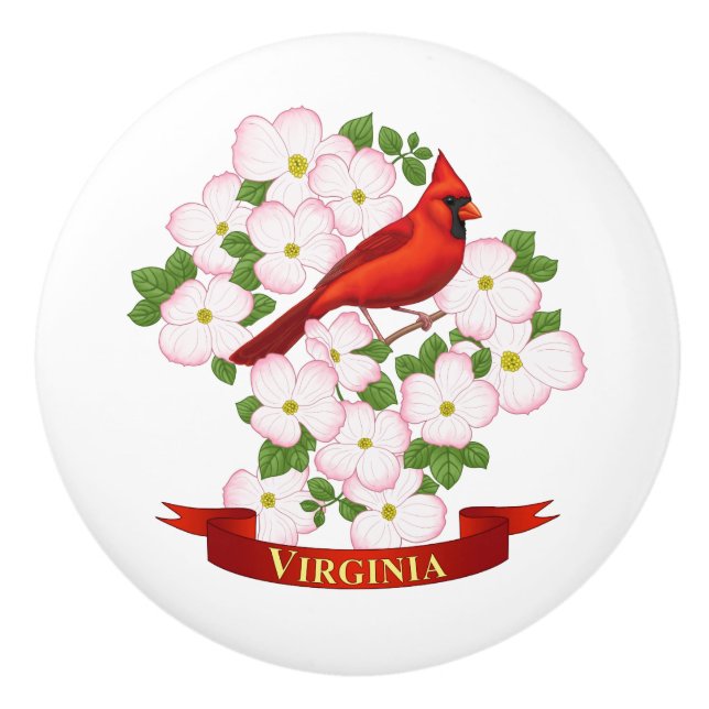Virginia State Cardinal Bird and Dogwood Flower Ceramic Knob (Front)