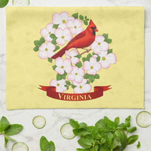 Virginia State Cardinal Bird and Dogwood Flower Kitchen Towel