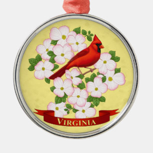 Virginia State Cardinal Bird and Dogwood Flower Metal Ornament