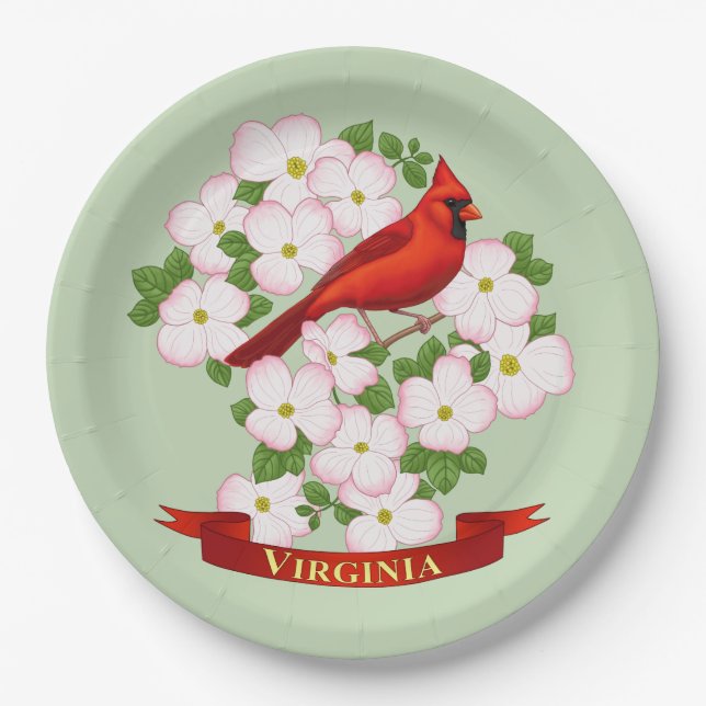 Virginia State Cardinal Bird and Dogwood Flower Paper Plate (Front)