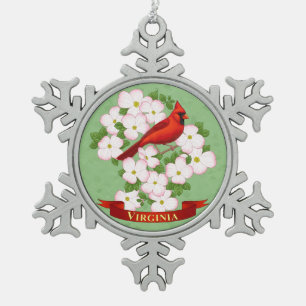 Virginia State Cardinal Bird and Dogwood Flower Snowflake Pewter Christmas Ornament