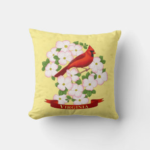 Virginia State Cardinal Bird and Dogwood Flower Throw Pillow