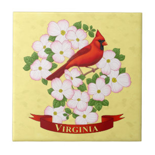 Virginia State Cardinal Bird and Dogwood Flower Tile