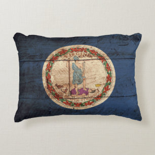 Virginia State Flag on Old Wood Grain Accent Pillow