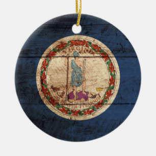 Virginia State Flag on Old Wood Grain Ceramic Ornament