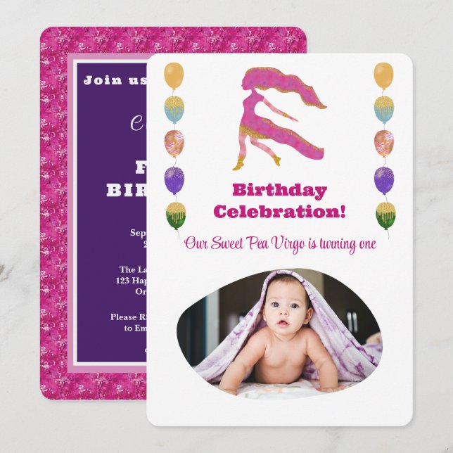 Virgo 1st Birthday Photo Impressionist Gold Invitation (Front/Back)
