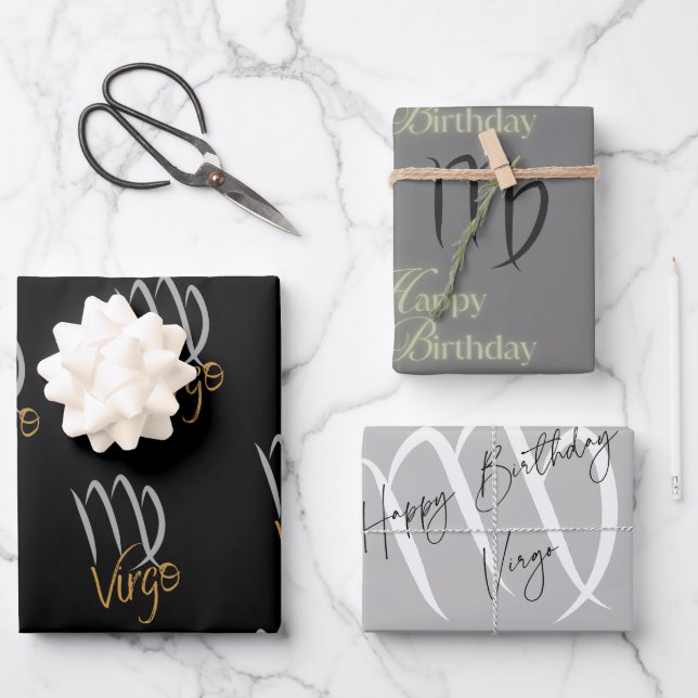 Virgo Birthday Grey/Black Wrapping Paper Sheet (Front)