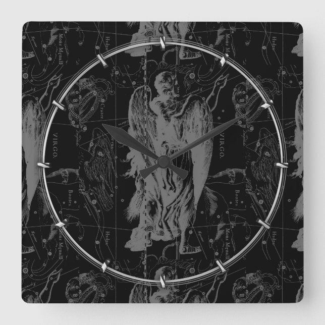 Virgo Constellation Hevelius 1690 on Black Square Wall Clock (Front)