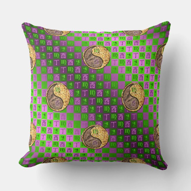 Virgo & Fire Rooster Throw Pillow (Front)