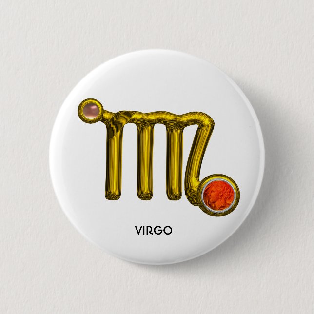 VIRGO / GOLD ORANGE AGATE ZODIAC SIGN JEWEL 2 INCH ROUND BUTTON (Front)