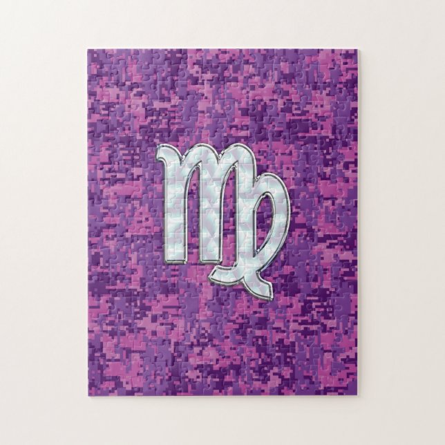 Virgo Sign on Pink Fuchsia Digital Camouflage Jigsaw Puzzle (Vertical)