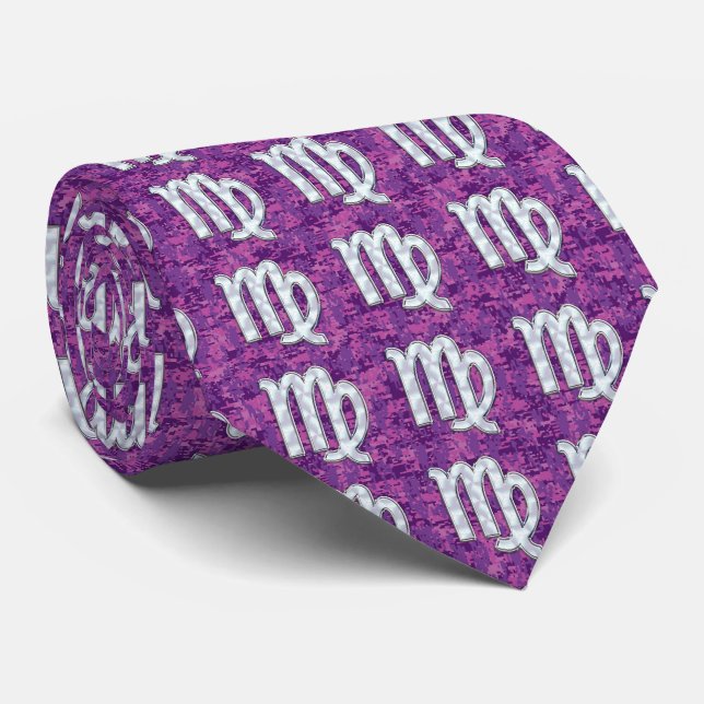 Virgo Sign Pink Fuchsia Digital Camouflage Style Tie (Rolled)