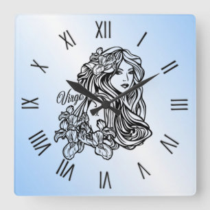 Virgo The Virgin Zodiac Blue Roman Numerals Square Wall Clock